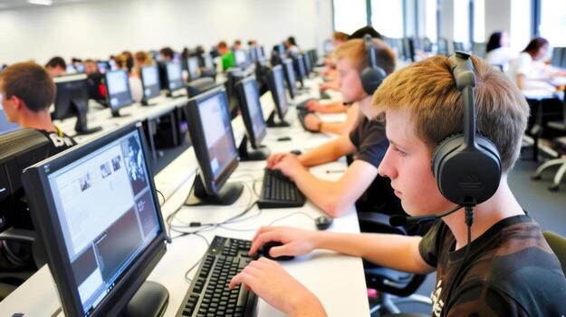 Students working at computers in a school computer lab